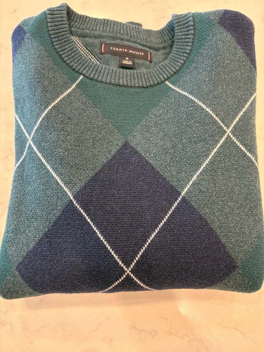 Tommy Hilfiger Argyle Sweater Size M Green Blue Crew Neck Pullover